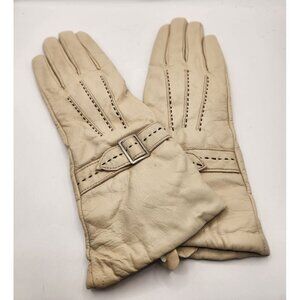 women's beige deerskin leather gloves with contrast stitching  a buckle strap